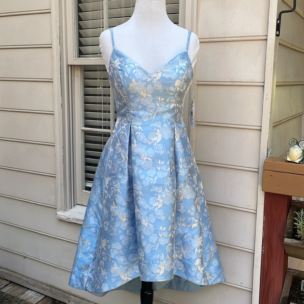 NWT- Aiden Mattox Steel Blue Floral Jacquard Gown Size 2